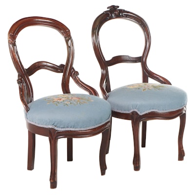 Two Victorian Carved Walnut Side Chairs with Petit-Point