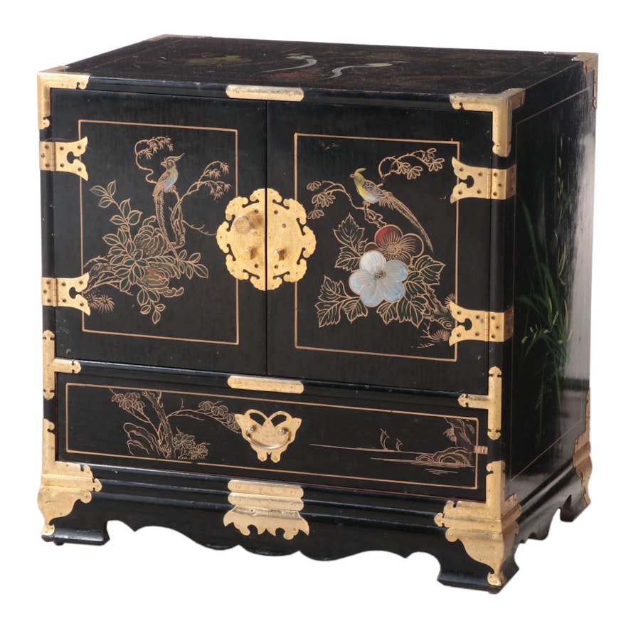 Chinese Brass-Mounted, Lacquered and Paint-Decorated Jewelry Chest
