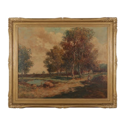 E. H. Allerton Landscape Oil Painting of Rural Path and Pond, Early 20th Century