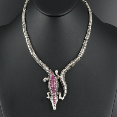 Sterling Ruby and Marcasite Crocodile Necklace