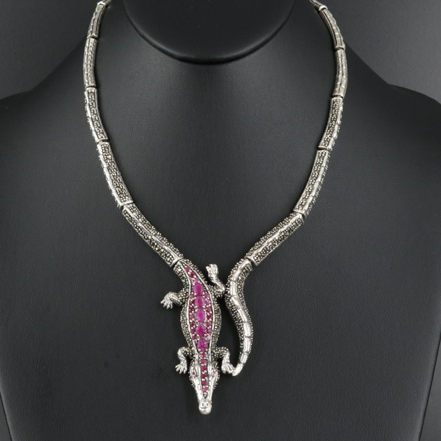 Sterling Ruby and Marcasite Crocodile Necklace