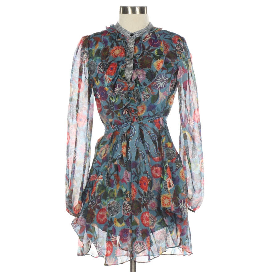 Saloni Dress in Silk Floral Print with Ruffle Trim and Tie Belt