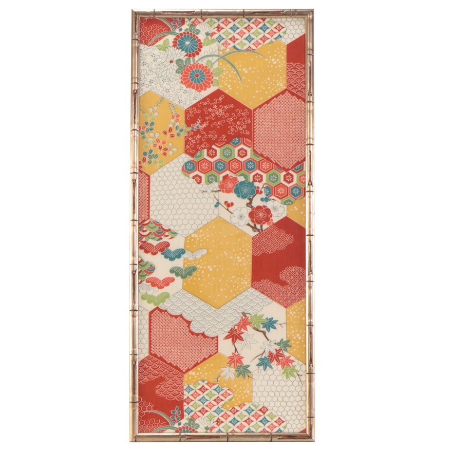 Japanese Silk Kimono Panel Silkscreen in Frame, Mid to Late 20th Century