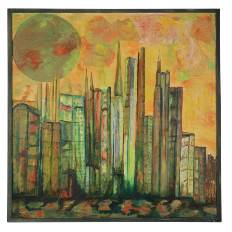 Bev Weaver Mixed Media Painting of Urban Skyline, Late 20th Century