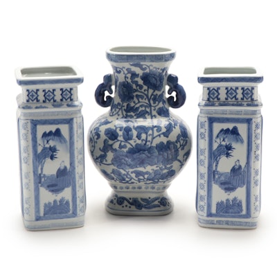 Chinese Export Blue and White Ceramic Hu- and Cong- Form Vases