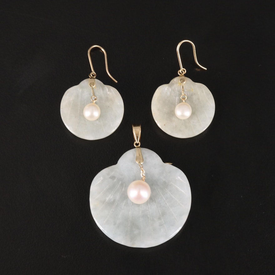 14K Pearl and Jadeite Shell Themed Earring and Pendant Set