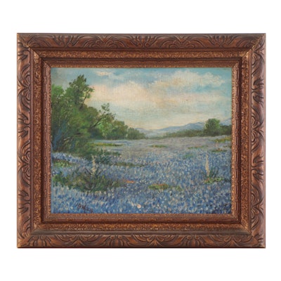 Texas Landscape Oil Painting of Field of Blue Bonnets, 1924