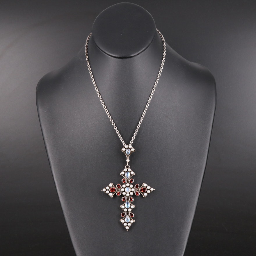 Nicky Butler Sterling Moonstone, Pearl and Garnet Cross Necklace