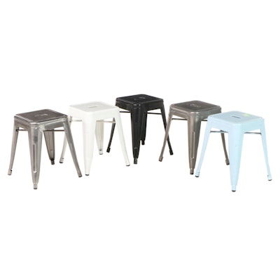 Five "Bouchon" Metal Table-Height Stackable Dining Stools