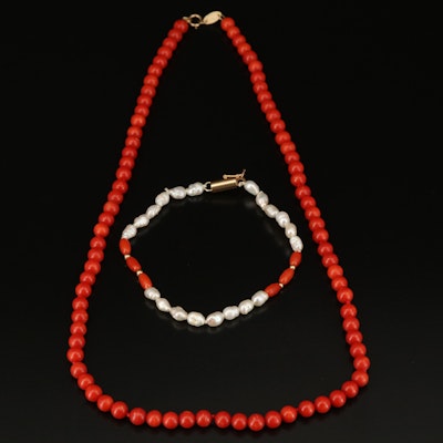 Zoë B. Coral Necklace with 10K Clasp and 14K Pearl and Coral Bracelet
