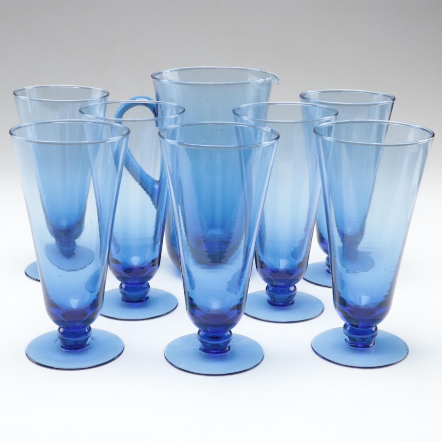 Blue Glass Pitcher With Pilsner Glasses