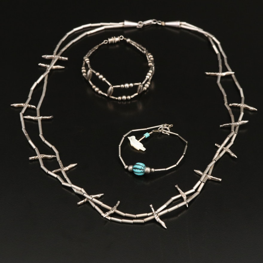 Sterling Bird Fetish Necklace and Bar and Bead Link Bracelets