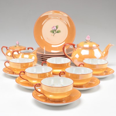Noritake Orange Lustreware Porcelain Tea Service and Dessert Plates, Mid-20th C.