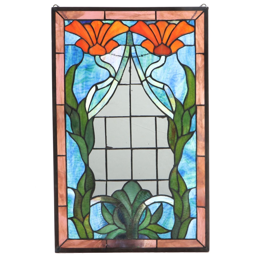 Art Nouveau Style Floral Slag Glass and Mirror Hanging Window Panel, 20th C.