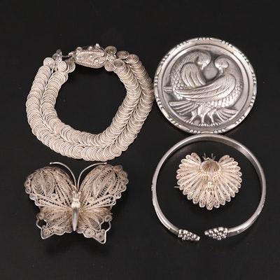 Sterling Including Spiral Snake Bracelet, Filigree and Vintage Lovebird Brooch