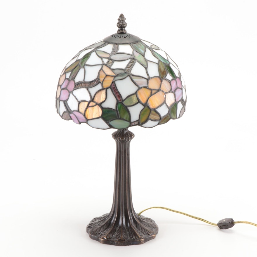 Art Nouveau Style Floral Slag Glass Table Lamp with Bronzed Metal Base