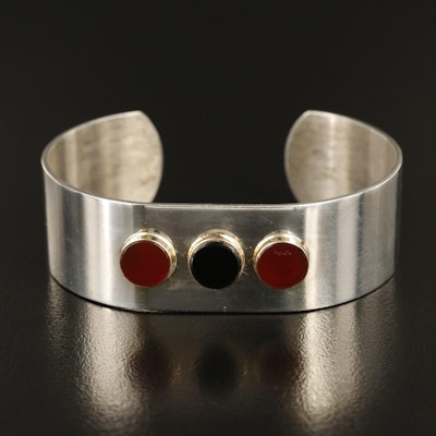 1960s Pierre Cardin Sterling Black Onyx and Carnelian Cuff with 14K Accents