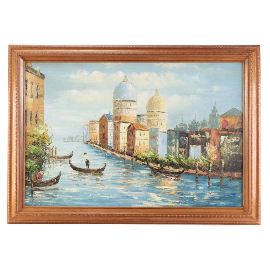 Impressionist Style Oil Painting of Venetian Canal Scene, Late 20th Century