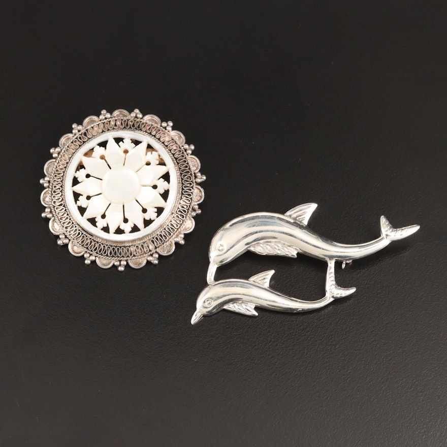 Vintage 950 Silver Mother-of-Pearl Star and Sterling Dolphin Brooches
