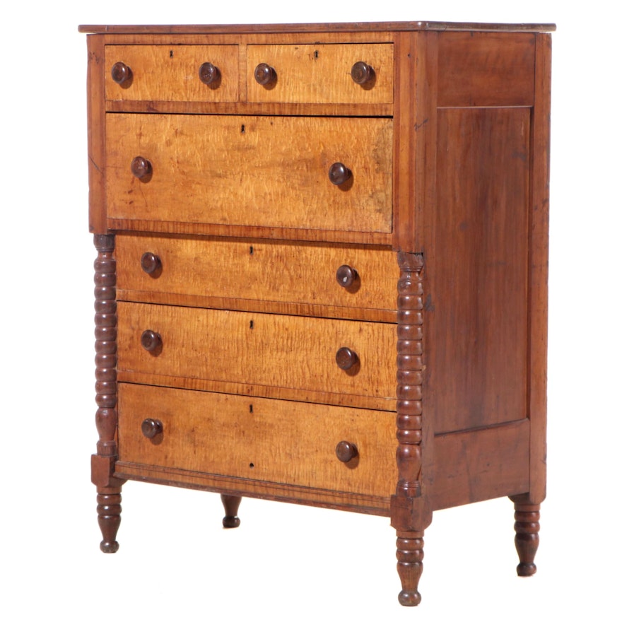 American Empire Cherrywood and Tiger Maple Six-Drawer Chest, Mid-19th Century