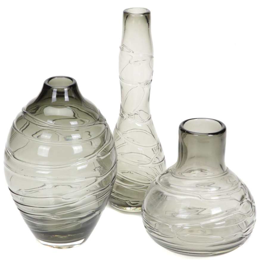 Handmade Blown Smoked Glass Vases With Trailing Accents