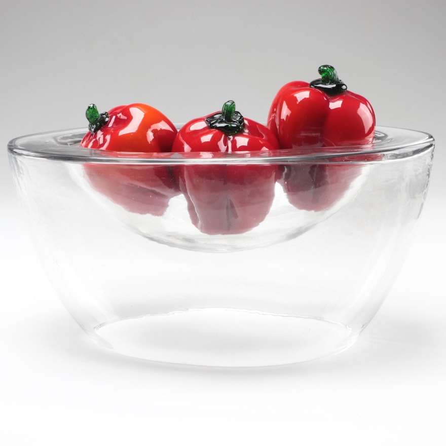 Blown Glass Red Peppers in Clear Mold Blown Glass Bowl