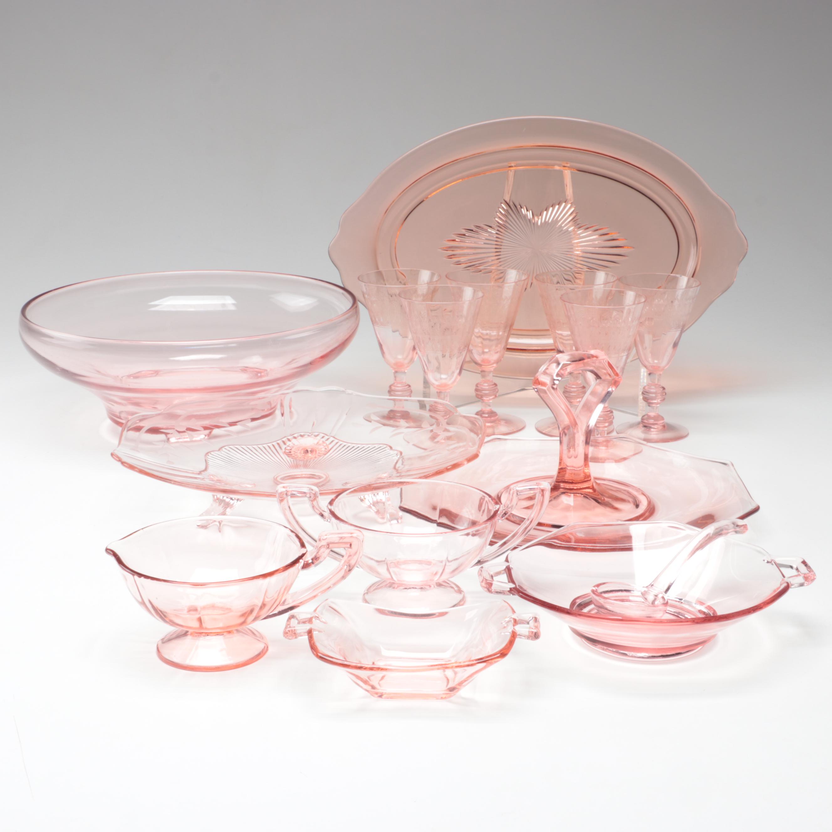 Fry Etched Glass Stemware with Heisey and Other Pink Depression Glass
