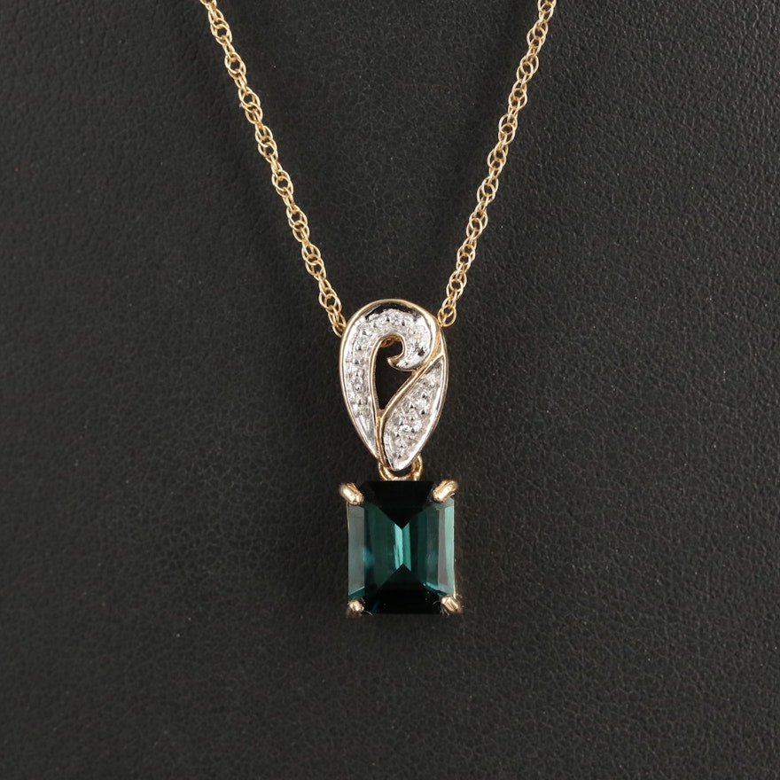 18K Indicolite and Diamond Pendant on 14K Chain Necklace