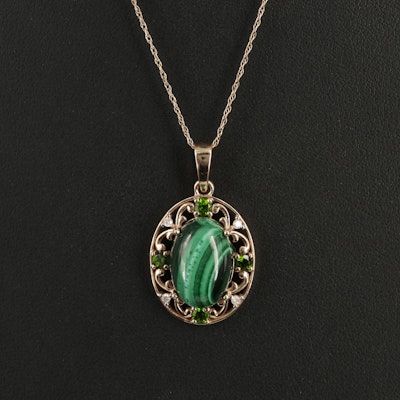 14K Malachite, Diopside and Diamond Pendant Necklace