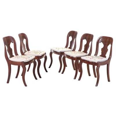 Five American Classical Flame Mahogany and Crewelwork Side Chairs, circa 1830