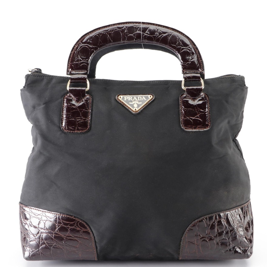 Prada Small Zip Handbag in Black Nylon Gabardine and Croc-Effect Leather
