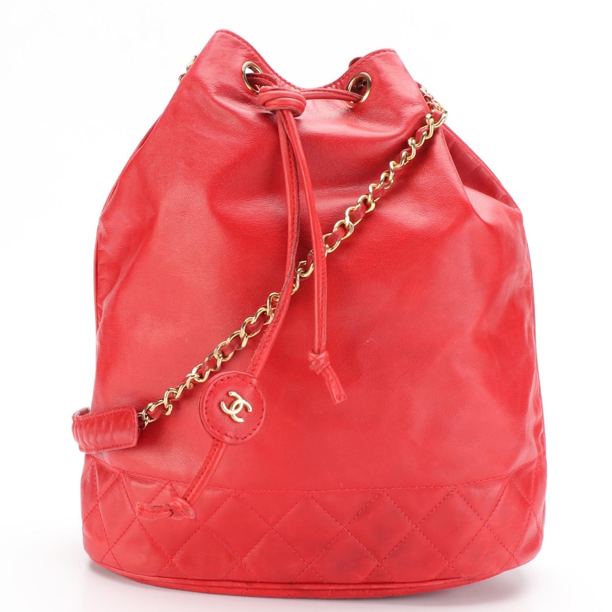 Chanel Red Leather Bucket Bag with Zip Pouch