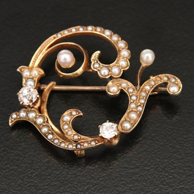 14K Pearl, Seed Pearl and Diamond Scrollwork Watch Brooch
