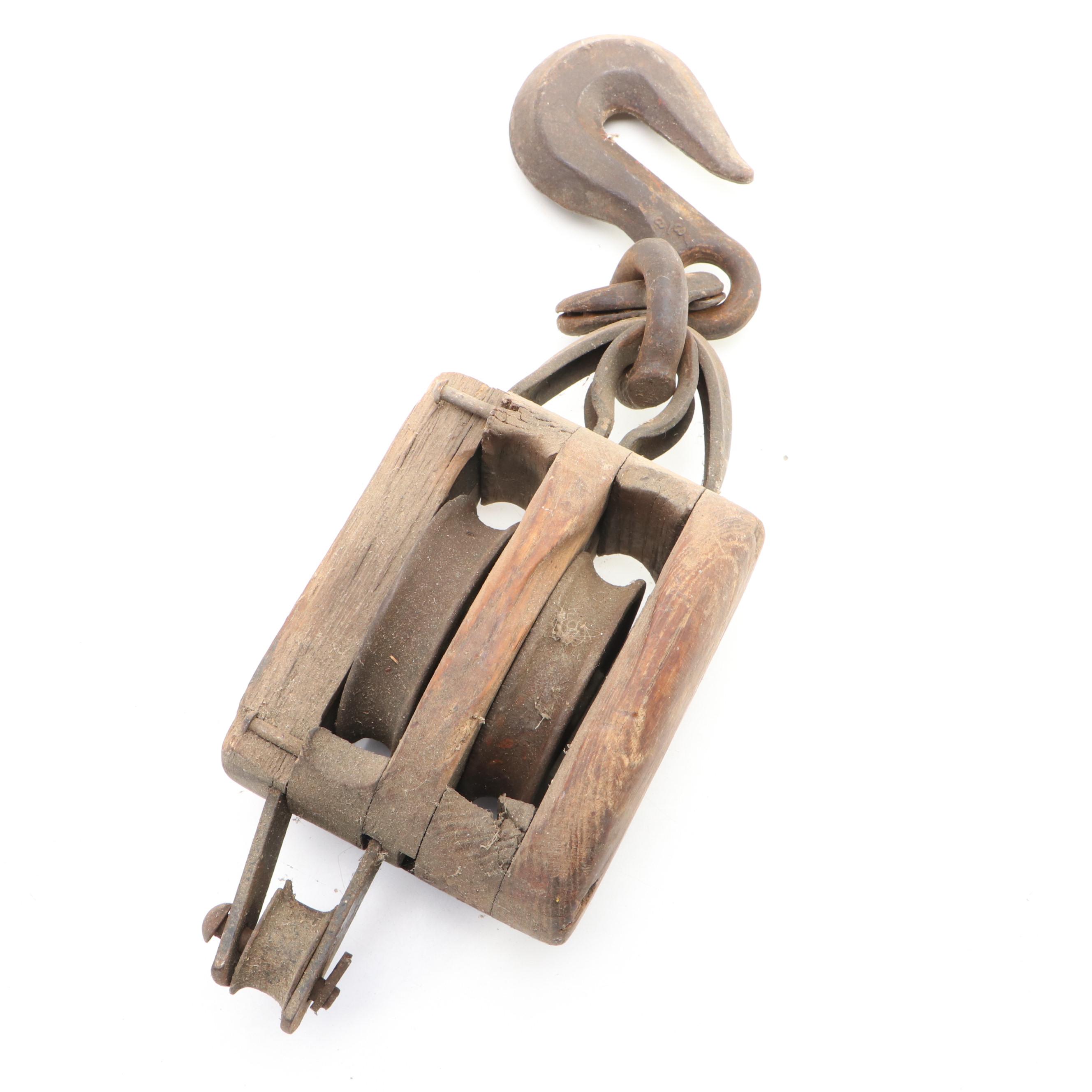 Cast Iron and Wood Double Block and Tackle Pulleys with Metal Pulley EBTH