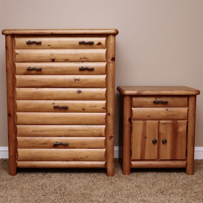 American Signature Distressed Split Pine Log Chest of Drawers and Nightstand