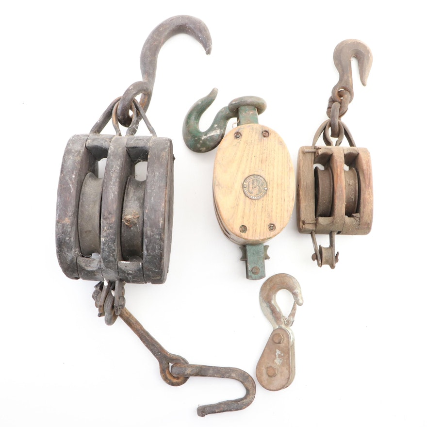 Cast Iron and Wood Double Block and Tackle Pulleys with Metal Pulley | EBTH