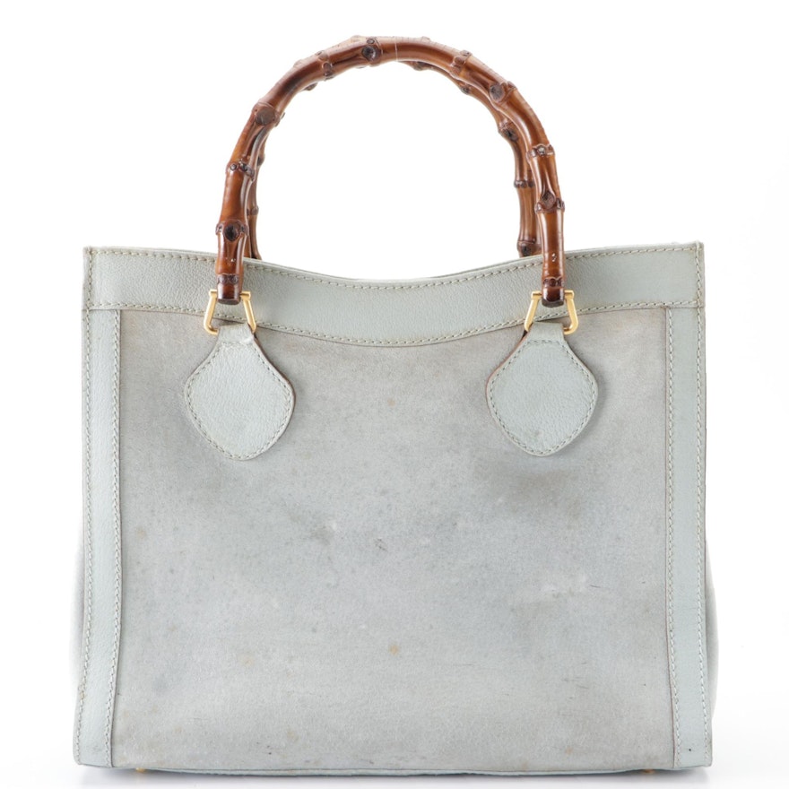 Gucci Bamboo Diana Tote in Light Blue/Green Suede and Cinghiale Leather