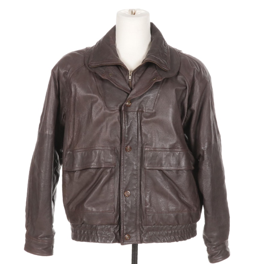 Men's Brown Leather Zipper-Front Jacket by City Streets
