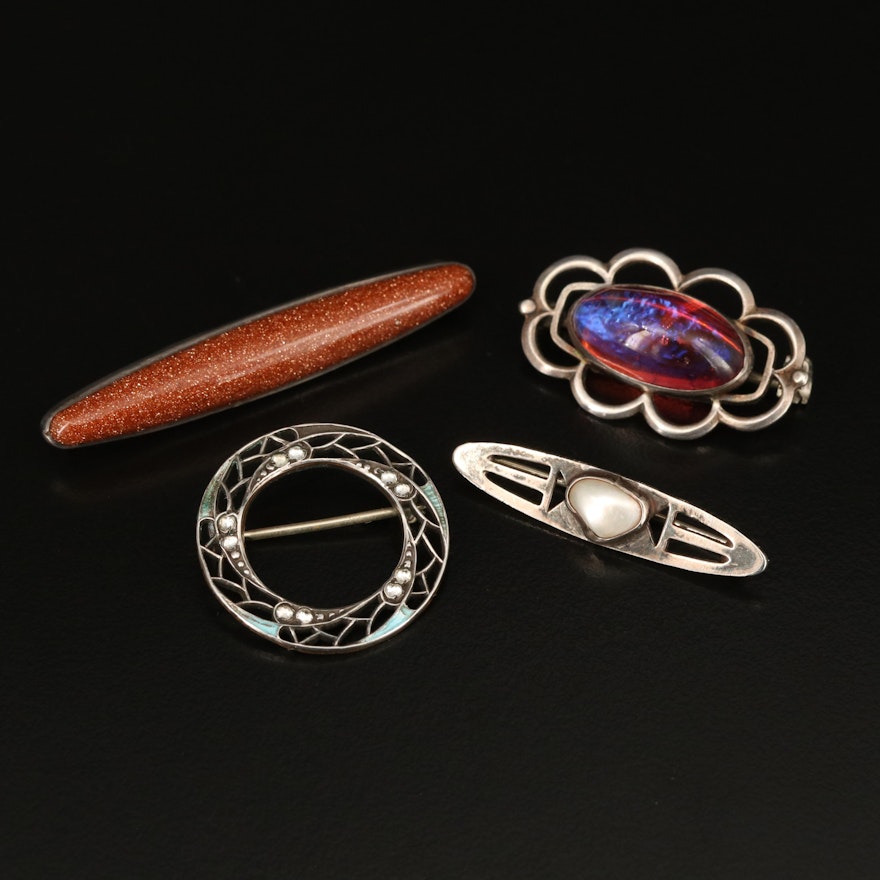 Early 1900s Sterling Brooches Including Dragon's Breath and Goldstone Glass