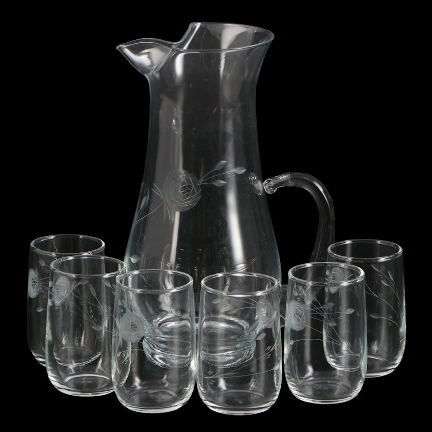 Cut and Engraved Rose Motif Glass Pitcher and Glasses