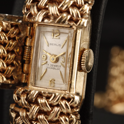 Berlis 14K Watch on 14K Diamond Basketweave Bracelet