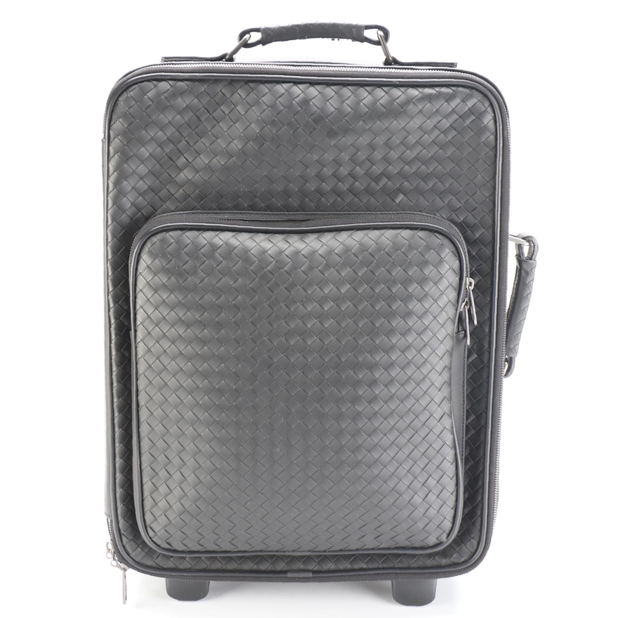 Bottega Veneta 19" Trolley Suitcase in Black Intrecciato and Smooth Leather