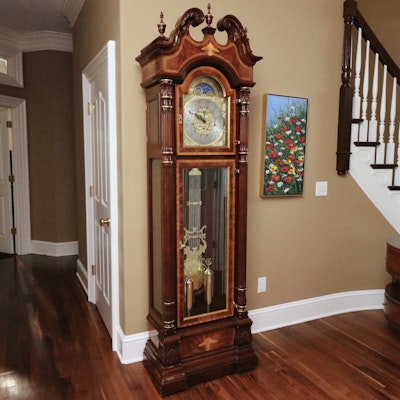 Sligh "Centennial" Mixed Woods with String Inlay Grandfather Clock, Late 20th C.