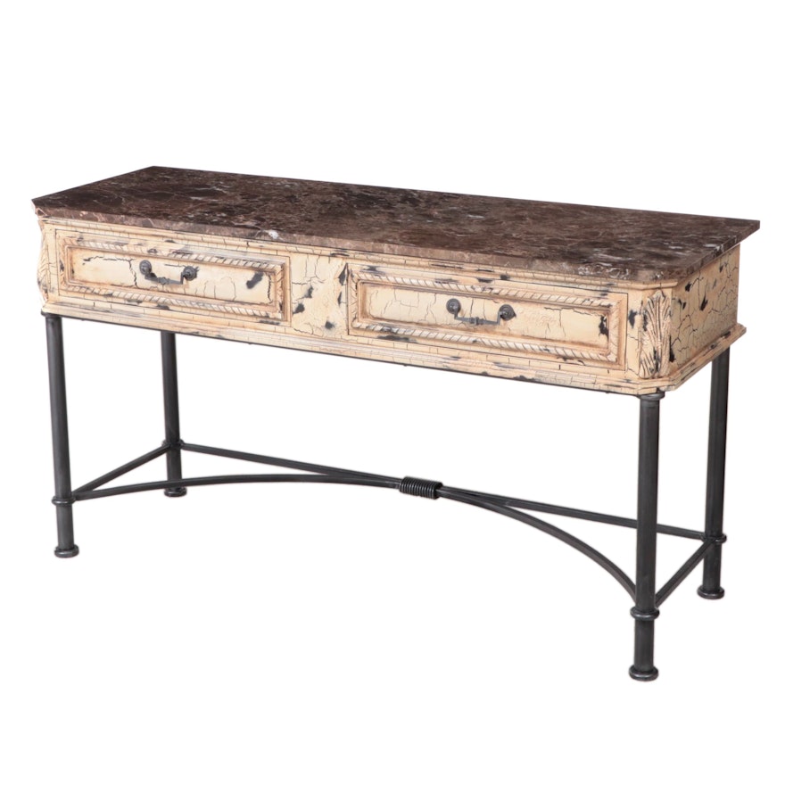 Marble Topped Distressed Console Table
