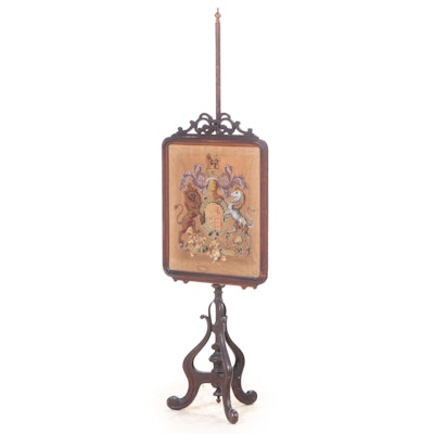 Victorian Walnut Pole Screen with Beaded Panel of Royal Coat of Arms