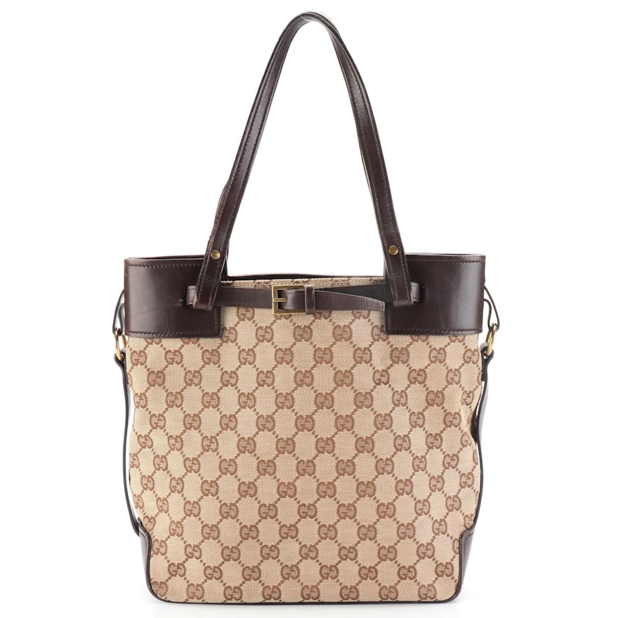 Gucci Buckle Tote in GG Canvas and Brown Leather