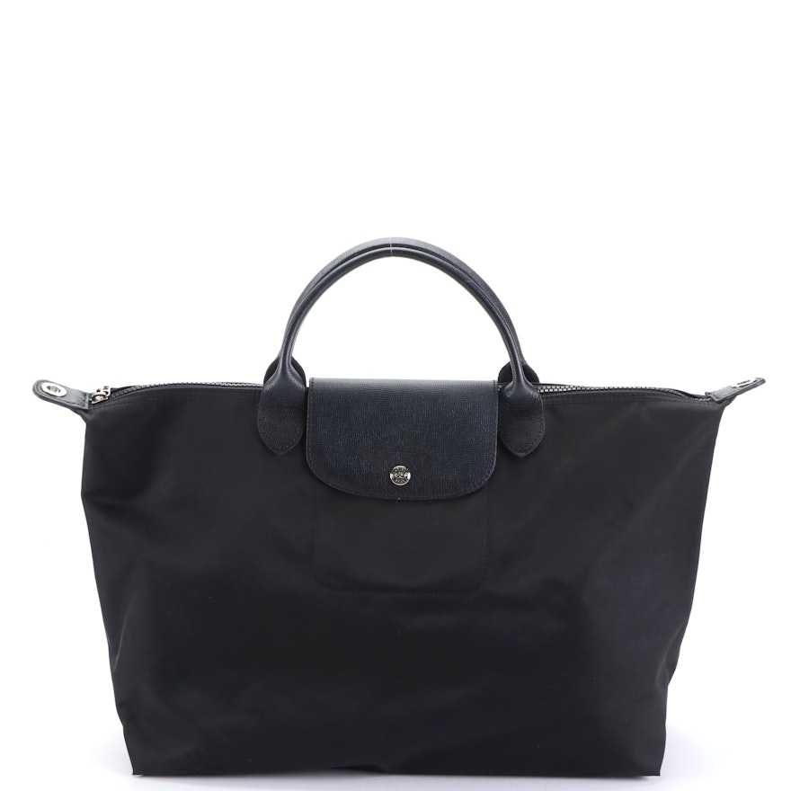 Longchamp Le Pliage Foldable Tote Bag in Black Nylon Canvas and Leather