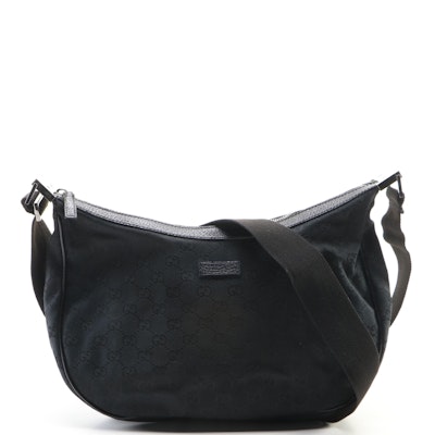 Gucci Zip Shoulder Bag in Black GG Canvas and Leather Trim