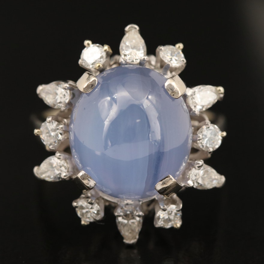 Palladium 18.02 CT Star Sapphire Ring with Diamond Halo