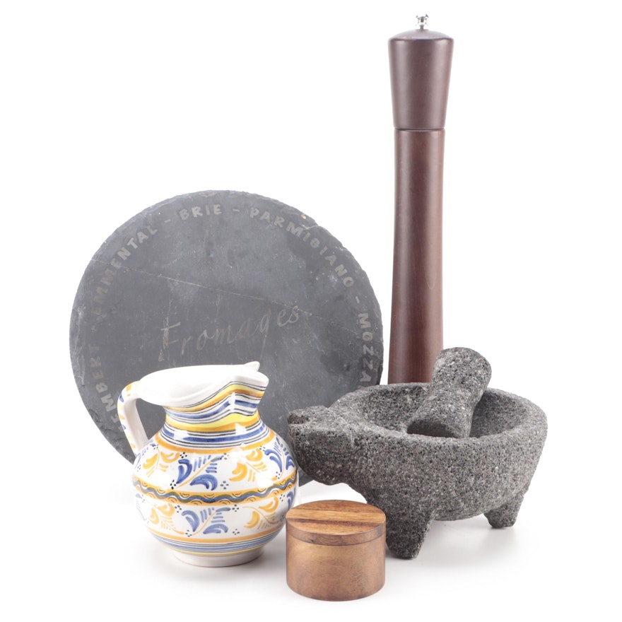Legnoart Grinder With Molcajete, Cheese Board, Pitcher and Spice Box